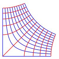 This is the hyperbolic coordinate system consisting hyperbolas opening
left and right and hyperbolas opening up and down. We only see the first
quadrant.
